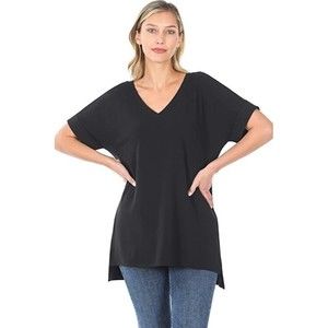 Zenana Women's V-NECK Rayon Top Relaxed Fit Perfect T-Shirt Black